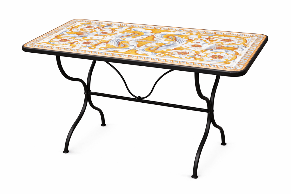 Table rectangulaire en majolique peinte à la main de Deruta – décor Raffael, chef-d’œuvre de l’art céramique italien